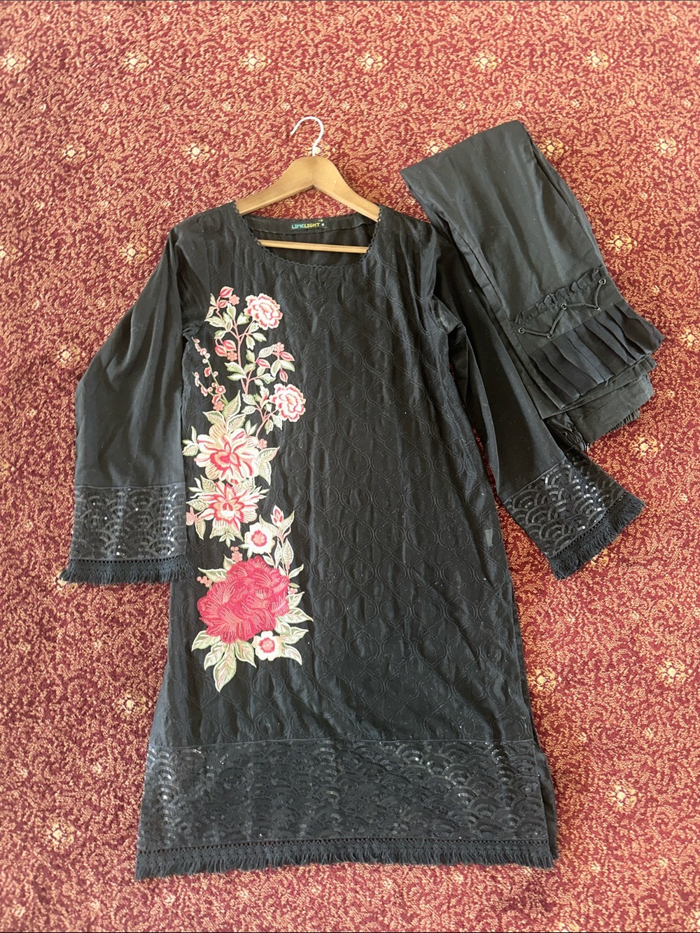 Limelight Black Floral Embroidered Women’s Kurta and Shalwar- Pakistani Suit